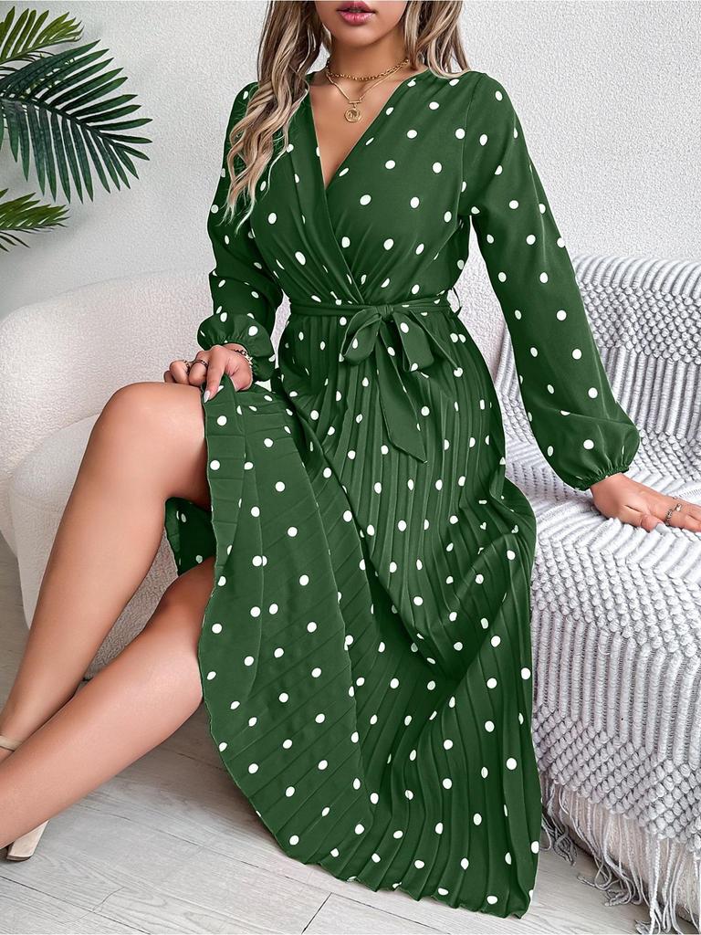 Robe imprimée à col en V et à superpositions, moulante, élégante, plissée, à pois ondulés, manches longues, ample, décontractée