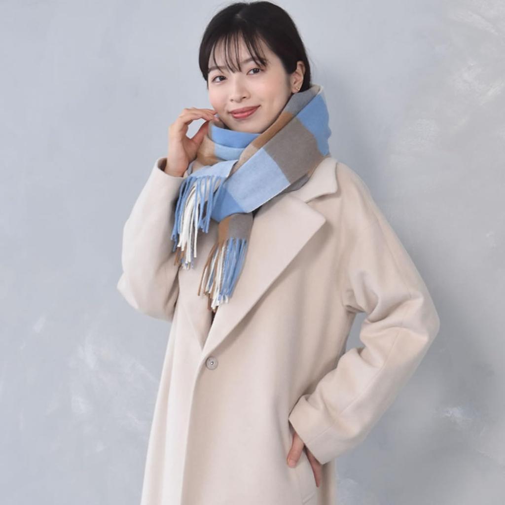 Wool Check Pattern Large 60cm Wide Blue Block Check [HHayashiguchi] 100% Stole, (WS0022) 30.