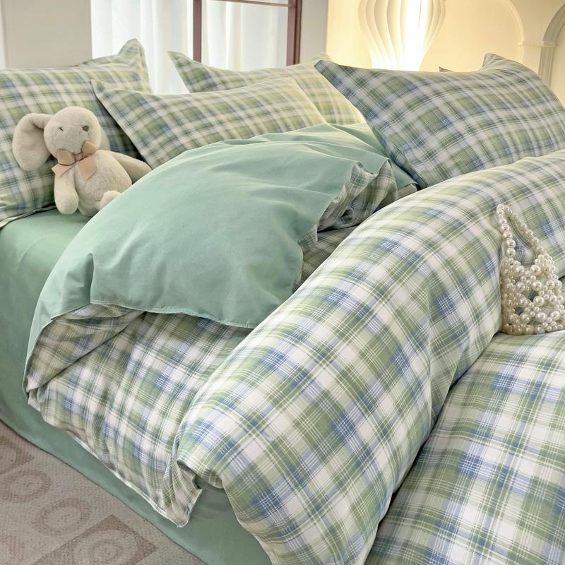 Soft Color Block Checkered Bedding Set Comfy 100% Washed Cotton Blue Plaid Duvet Cover Set King Queen Size Comforter Cover Sheet
