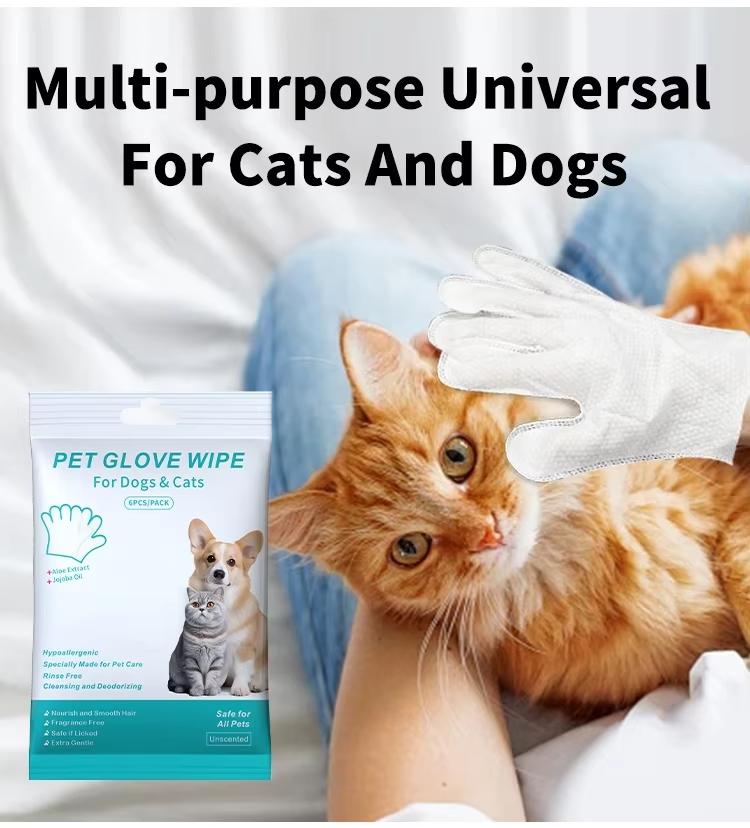 Factory  Custom Logo 6pcs Premium Thick Plant Based Pet Grooming Glove Wipes Dogs Cats Hypoallergenic