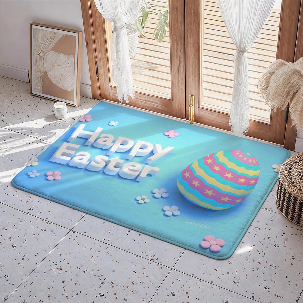 Easter Bunny Cute Eggs Floor Mat Eco Flannel Doormat Non Slip Odorless Indoor Floor Rug Soft Short Plush Home Mat