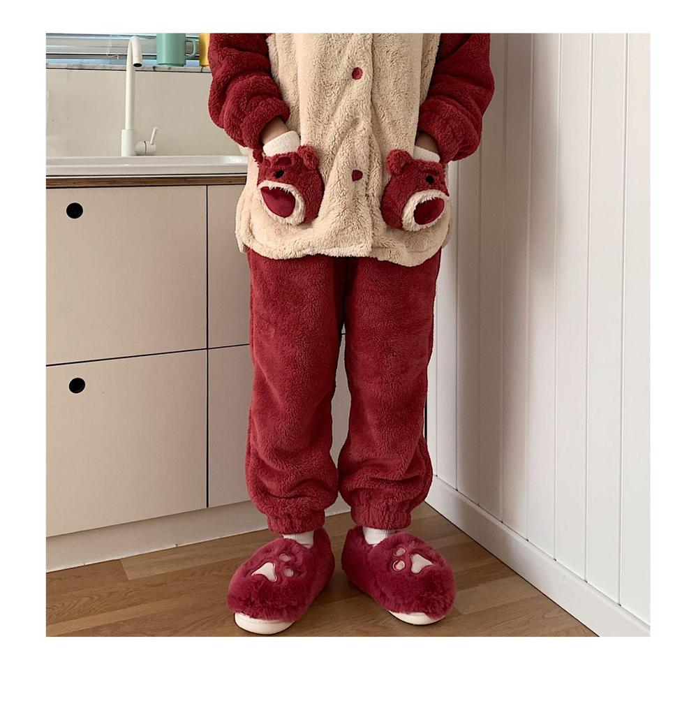 Women's Cute Korean Style Heart Plush Winter Slippers with Cat Paw Design and Soft Full Heel