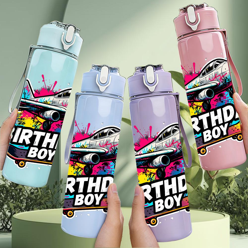 1PC Jet Plane Skate Birthday Boy Text 750ml Color Plastic Water Bottle Leakproof Flip Straw Lid For Sports Office Home Use