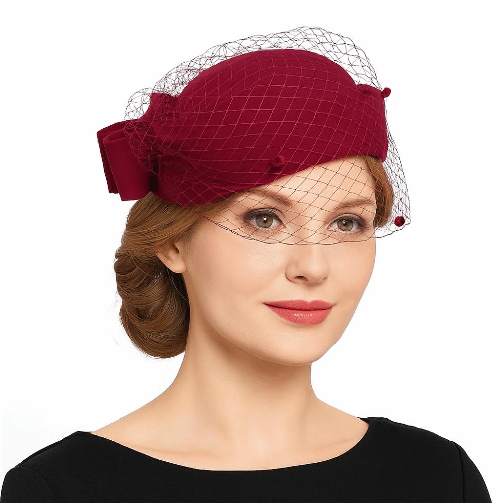 British Style Pillbox Hat Solid Color Stewardess Cap Vintage Wool Bow Hat with Veil  Wedding