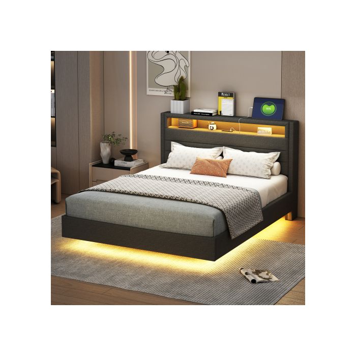 Lit - MUVOE - 140x200 cm - Prise USB - Éclairage LED - Tête de lit réversible