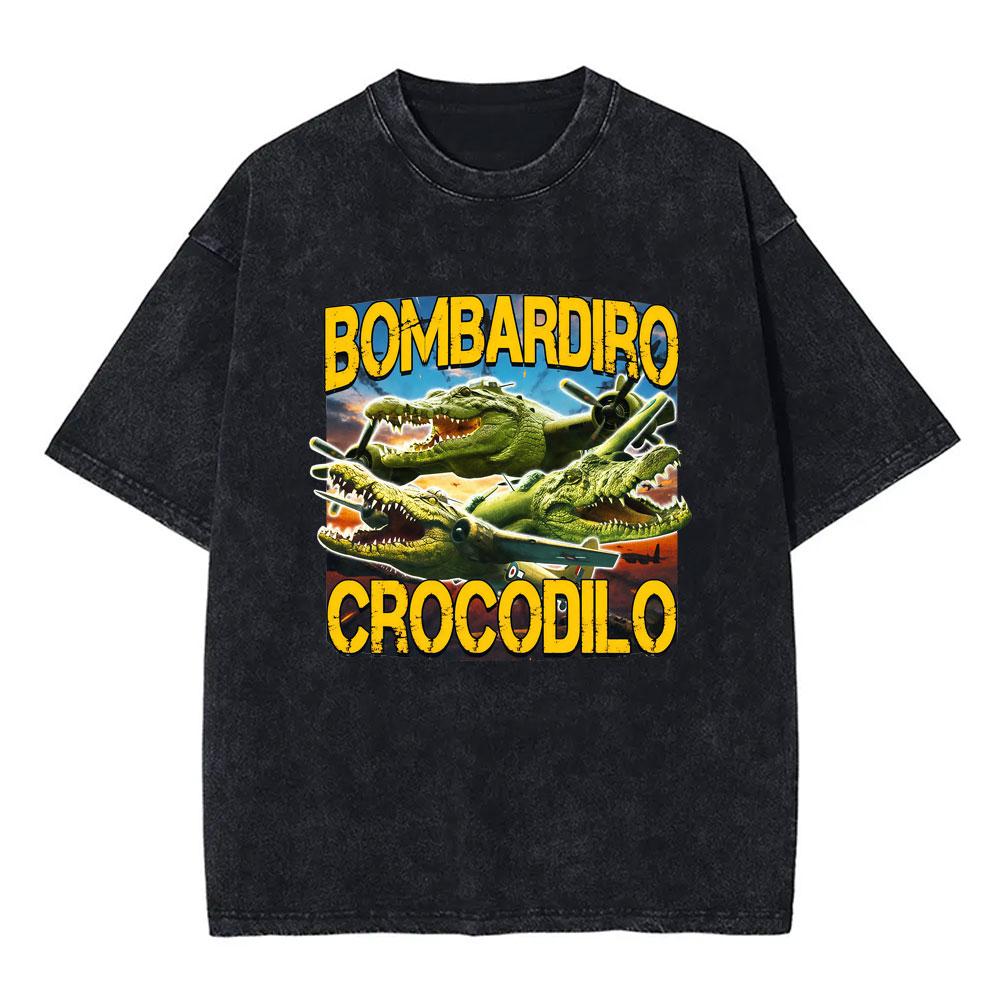 Italian Brainrot Bombardiro Crocodilo Vintage Washed Tshirts Crocodile Plane Bomber Funny Meme Tshirt Man Fashion Streetwear