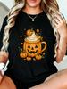 Cute Halloween Pumpkin Latte Pattern Women'S T-Shirt, Devil'S Lantern Cup with Cream And Mini Pumpki