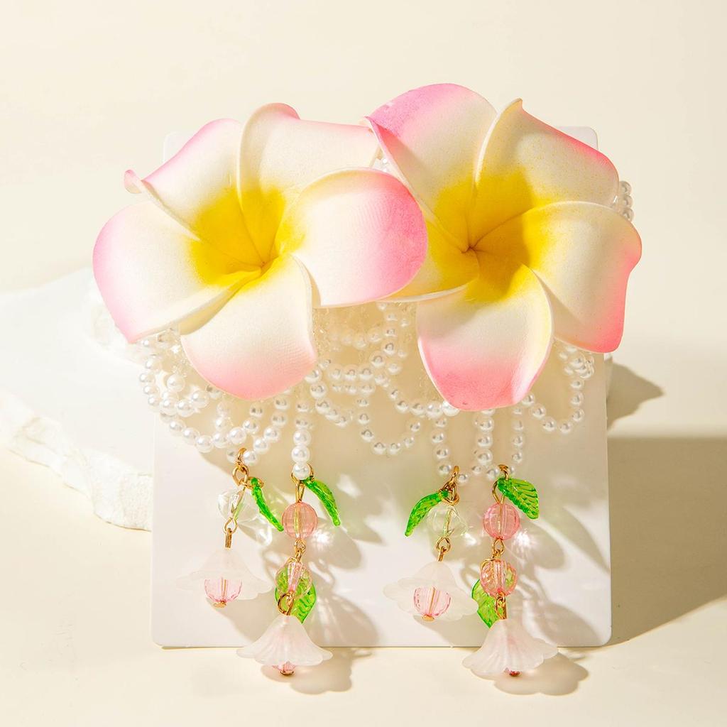 New Fresh Fabric Colored Large Flower Earrings for Women Jewelry Sweet Rice Beads Long Tassels Leaf Earrings Female Earrings