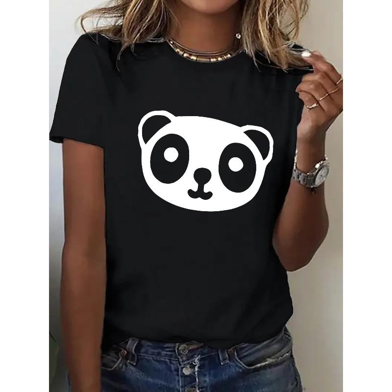 

European Size Women s Oversized Cute Panda Print T-Shirt - Soft Round Neck Short Sleeve Casual Tee with Black & White Panda Face Design 4XL чорний