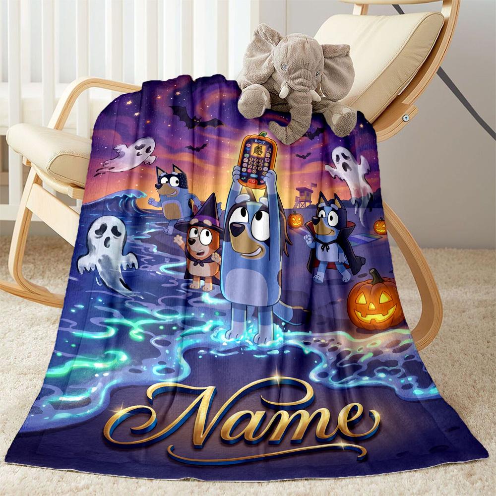 Bluey Halloween Night Personalized Name Blanket Lightweight Customizable Blanket Soft Warm Cozy Suitable for Livingroom Couch Chair Sofa