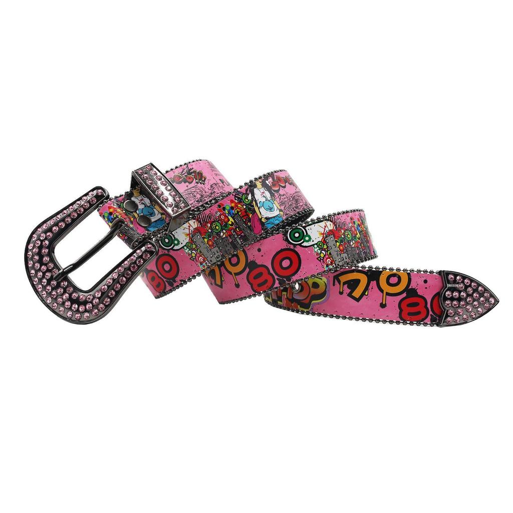 Bohemian Graffiti Rhinestone Leather Belt - Casual & Versatile European-American Style
