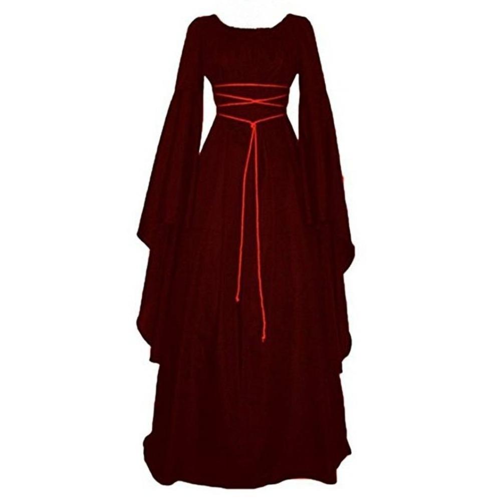 Damen Rundhals Langarm Maxikleid Schmal Geschnitten Hohe Taille Gotisches Mittelalter Kostümkleid