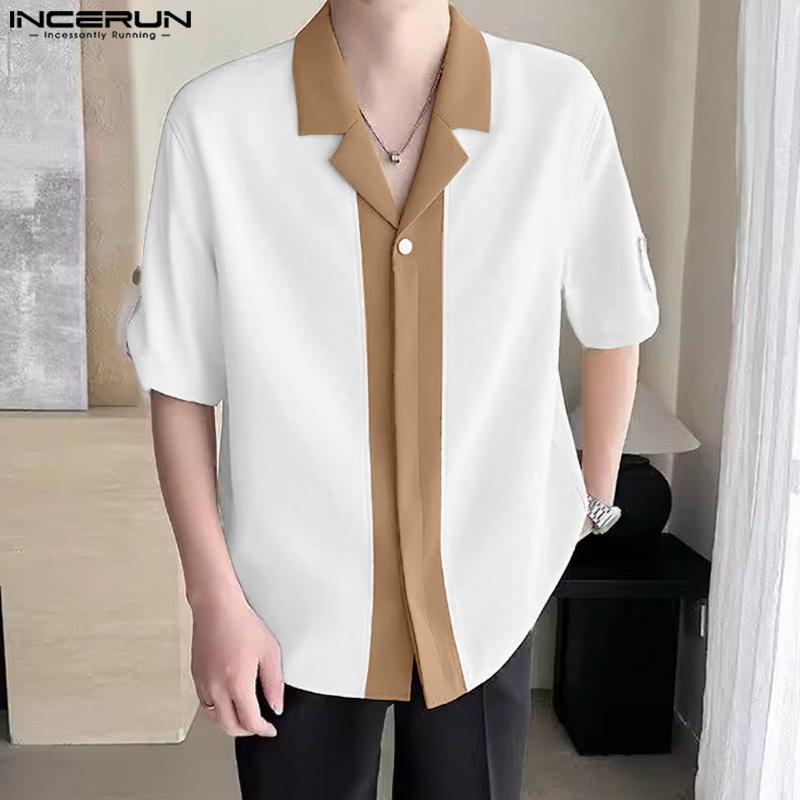 

INCERUN Oversized Men Lapel Neck Half Sleeve Patchwork Casual Shirts S чёрный