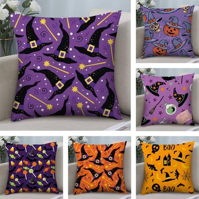 Halloween Hexenhut Schädel Kissenbezug Plüschstoff Weich Beidseitiger Druck Sofakissenbezug Dekokissenbezüge