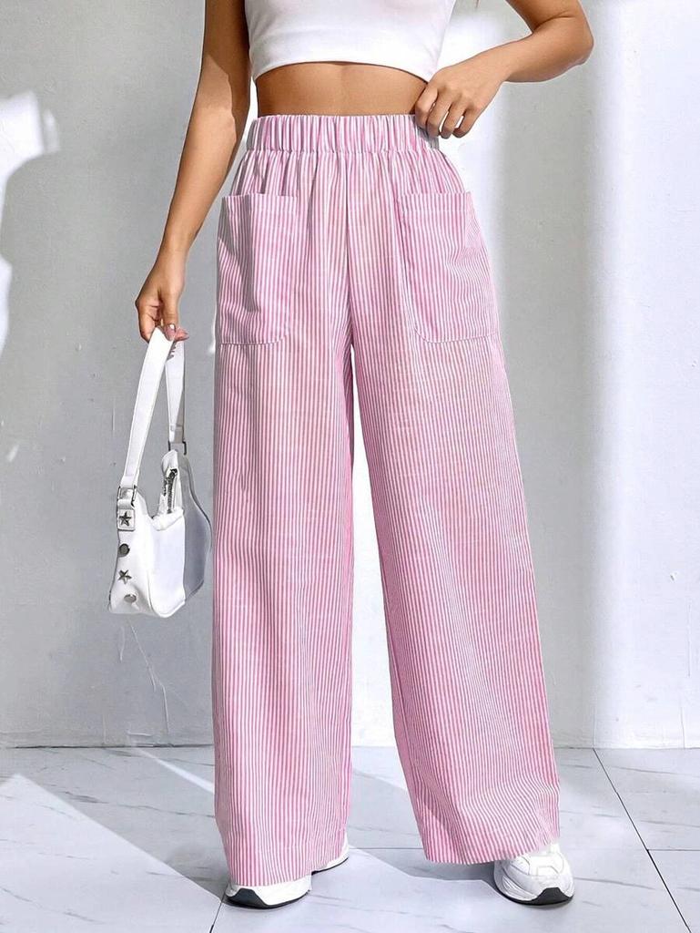 Women's Blue and White Striped Wide Leg Pants with Pockets, High Waist Comfortable Casual Trousers