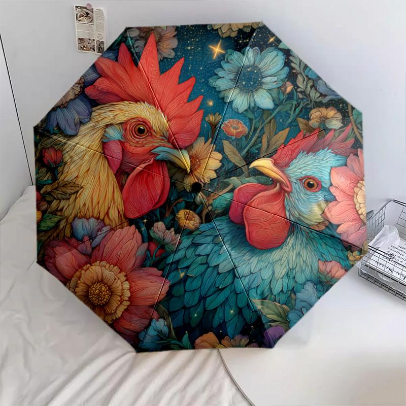 Tiger and Rooster  pattern, automatic folding umbrella, portable and foldable design, 8 ribs, a Christmas or birthday gift.