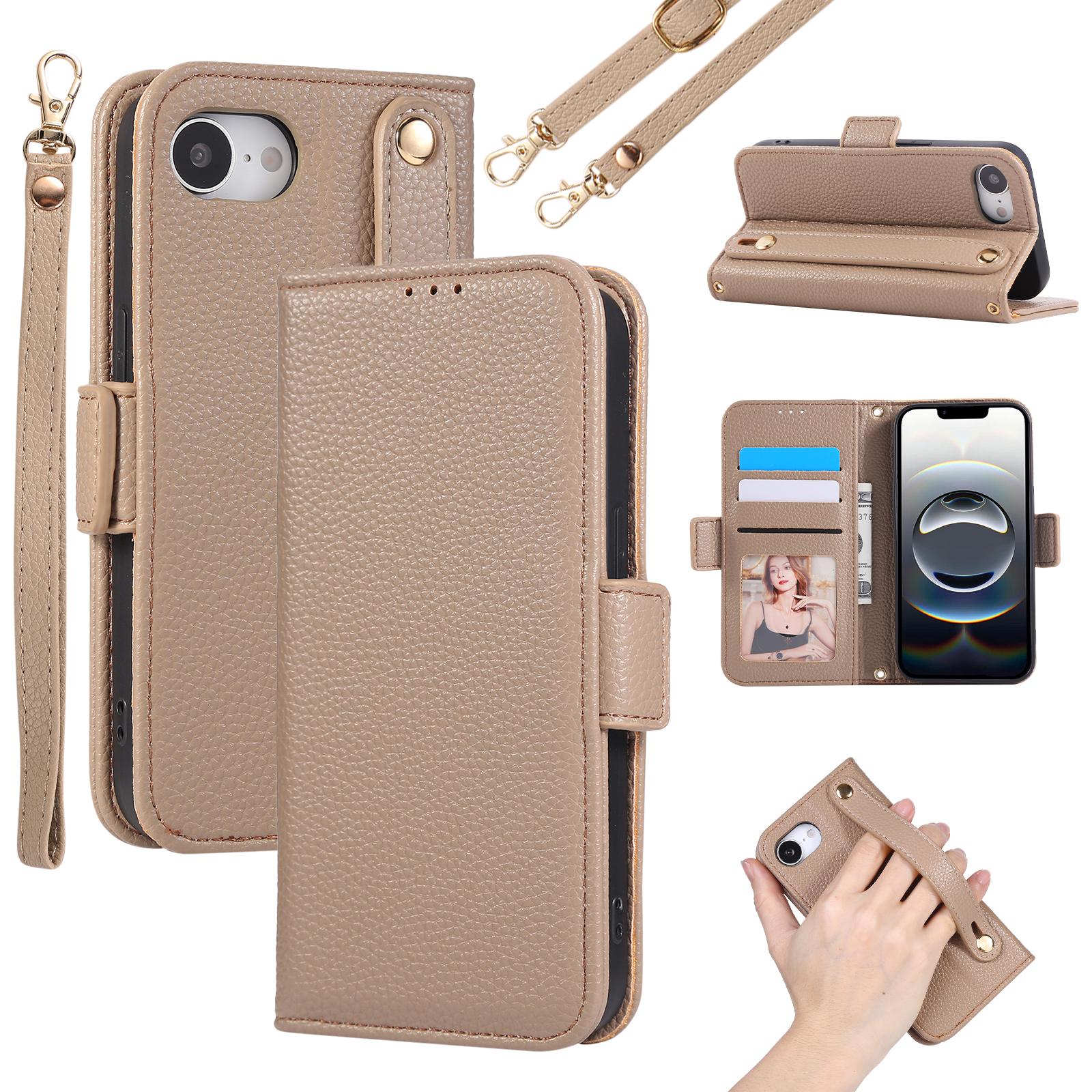 

Для iPhone 16e Чохол-гаманець з RFID-блокуванням, текстурою лічі, відкидною шкіряною кришкою, ремінцем на зап ясті та ремінцем через плече Khaki