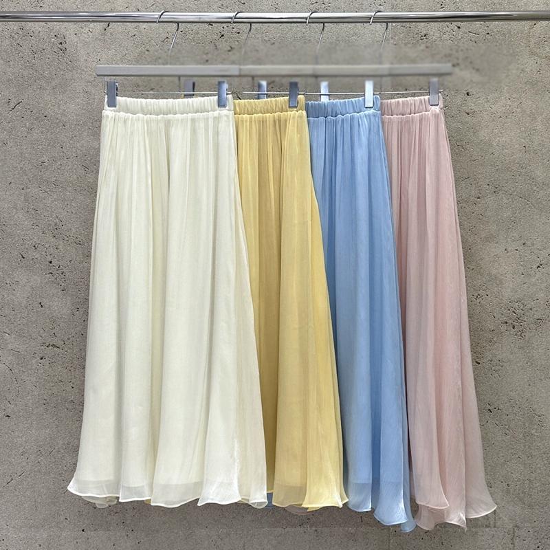 DIMANAF 2025 Summer Women New Skirts Solid Elastic Waist Pleated Mesh Elegant Yellow Blue Skirts