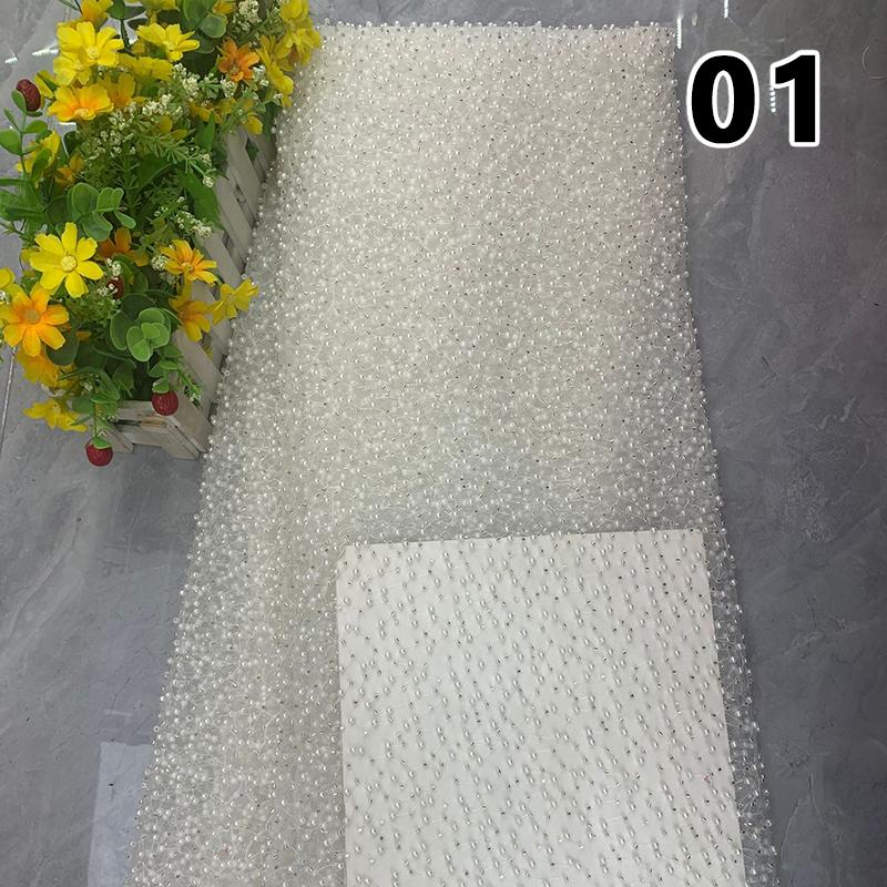 1 Yard  Luxury Heavy Embroidery Pearl Sequin Bead Fabric Gorgeous African Gauze Lace Fabric DIY Handmade Wedding Dress Garments
