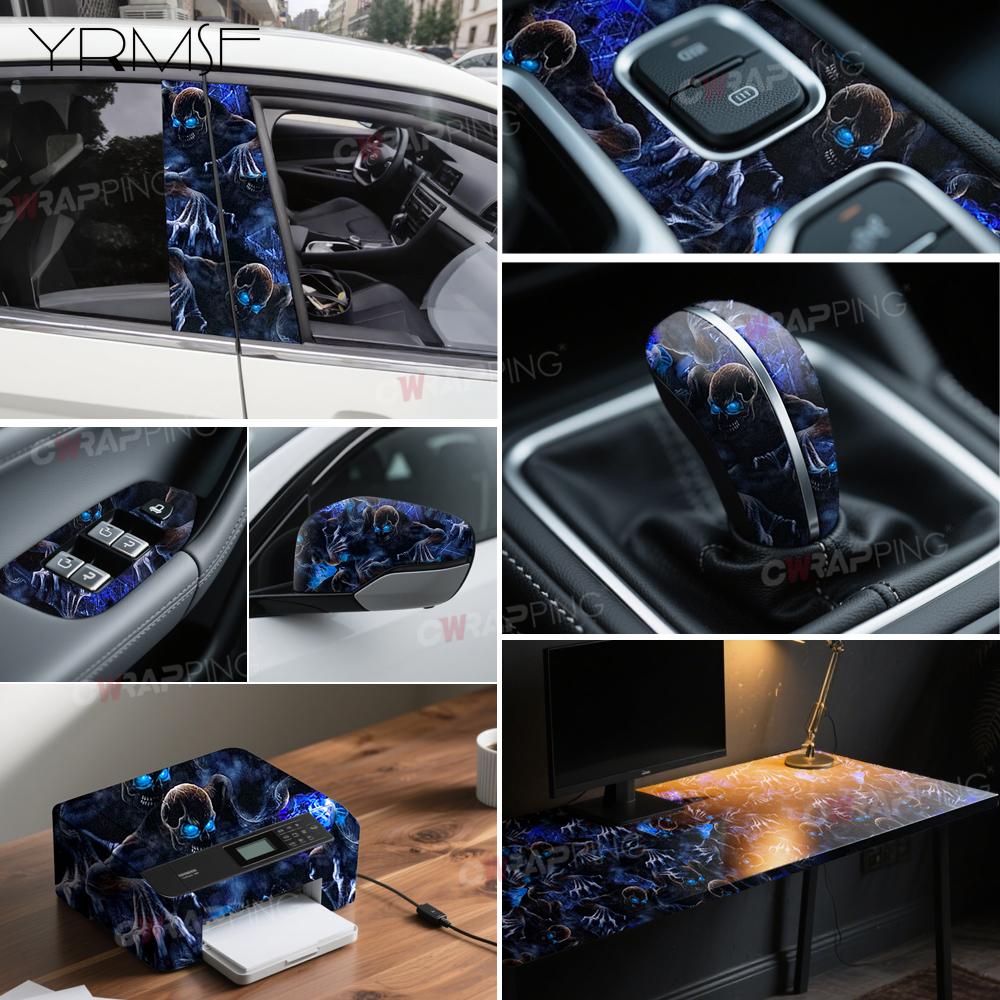 Folia Winylowa z Motywem Czaszki Niebieska Folia Samochodowa Pokrycie Winylem Samochodowym do Motocykla Ducha Roweru Deskorolki Pojazdu Terenowego Motocykli