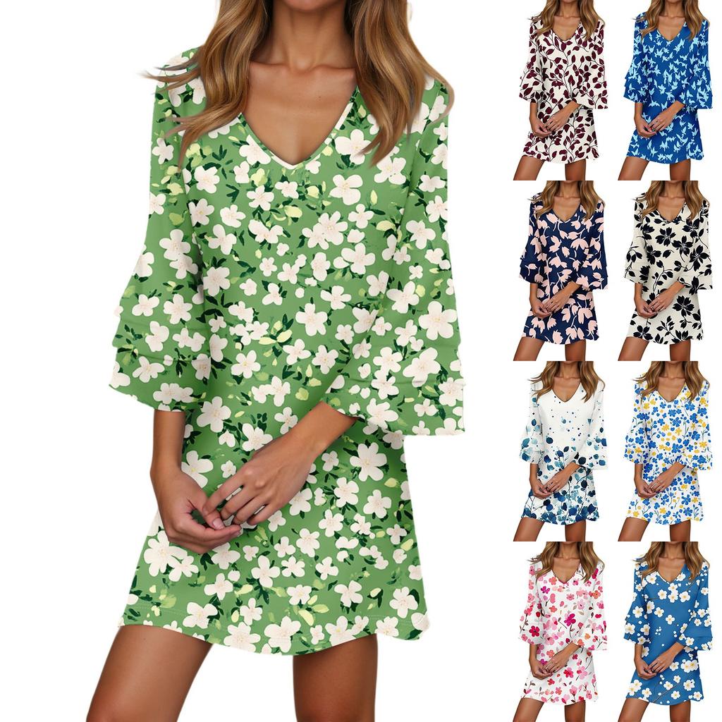 Women's Casual Fashion Floral Print V-Neck Loose 3/4 Sleeve Dress