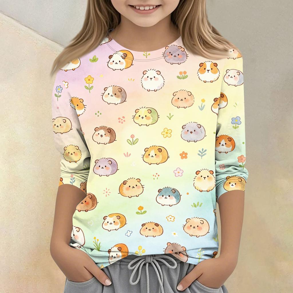 Kinder Tierdruck Rundhals Dreiviertelarm Lässiges T-Shirt Weicher Stoff Bequeme Passform Leichtes Design