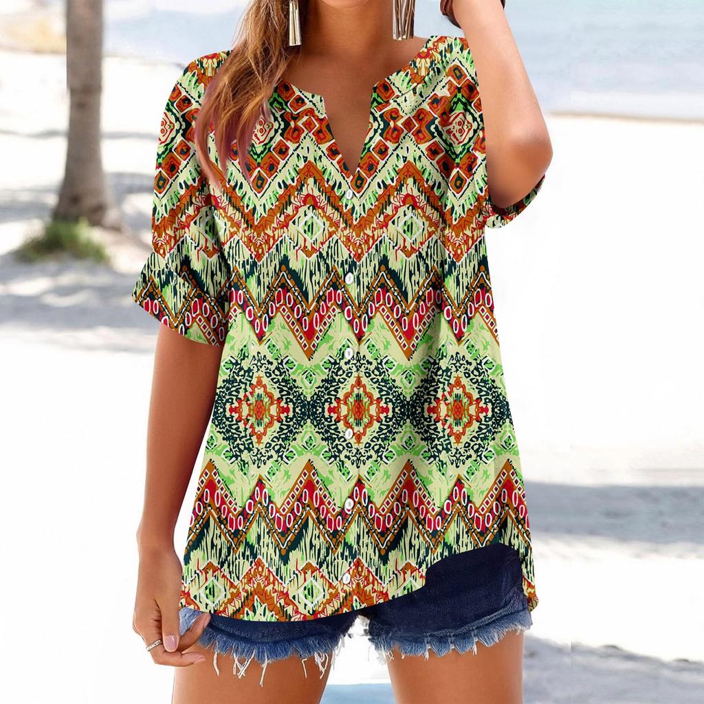 Women's loose printed stand collar short-sleeved cotton and linen top