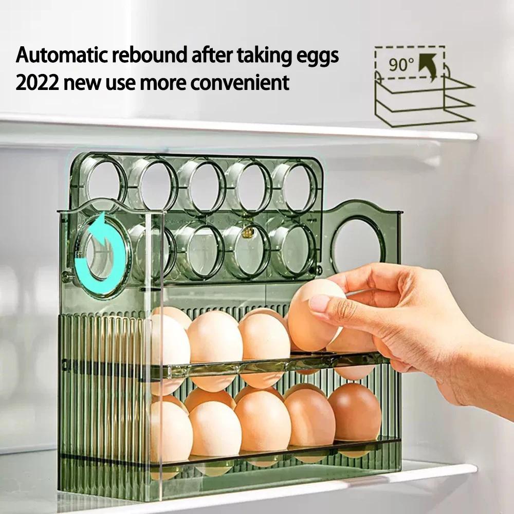 Kitchen Large Three-tier Capacity Egg Fridge Storage Box - Portable Multi-Layer Egg Tray  Auto Opening/Closing Egg Holder