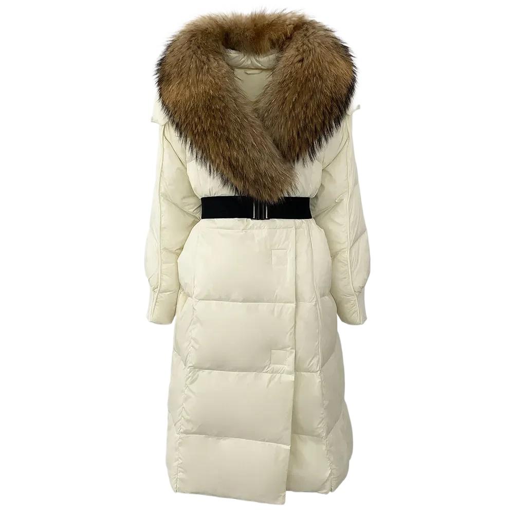 OFTBUY Winter Jacket Women Long Natural Real Raccoon Fox Fur Collar White Duck Down Coat Belt Thick Warm Casual Outerwear