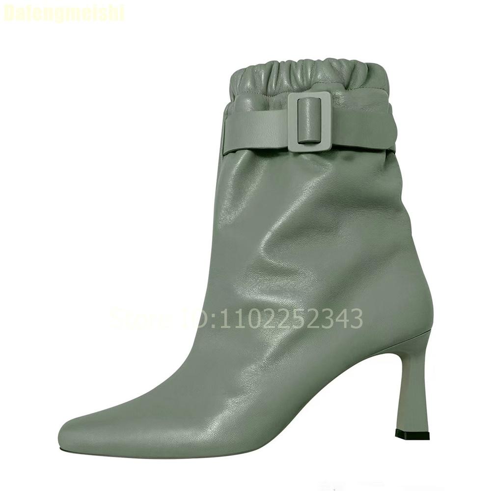Fashion 2025 New Fashion Solid Color Short Boots Ankle Belt Buckle Elastic Band Mid Heel Boots Thin Heel Pointed Toe Leather Shoes Boots
