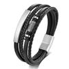 Stainless Steel Multi-Layer Braided Leather Bracelet Men With Magnetic Clasp Fashion Geometric Design