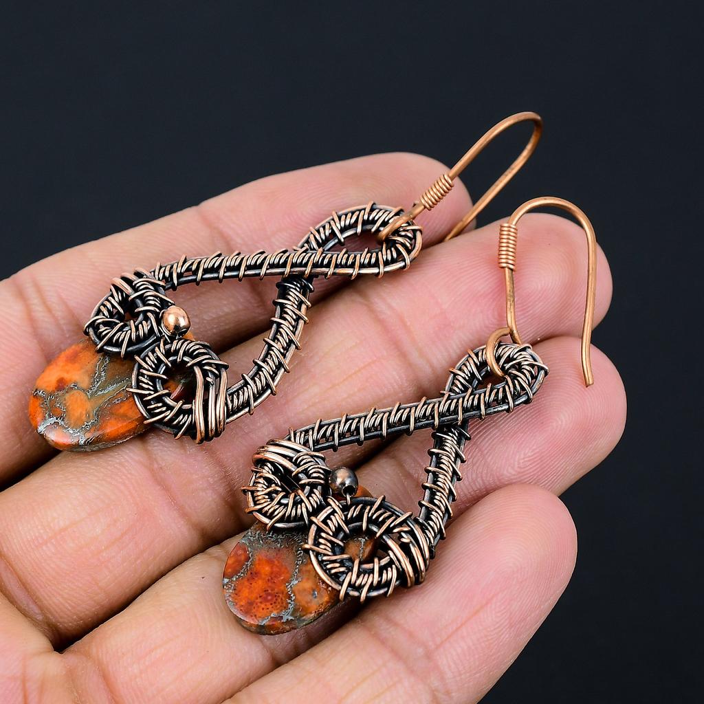 Sea Sediment Jasper Handmade Copper Wire Wrap Jewelry Earring 2.7 C4M58
