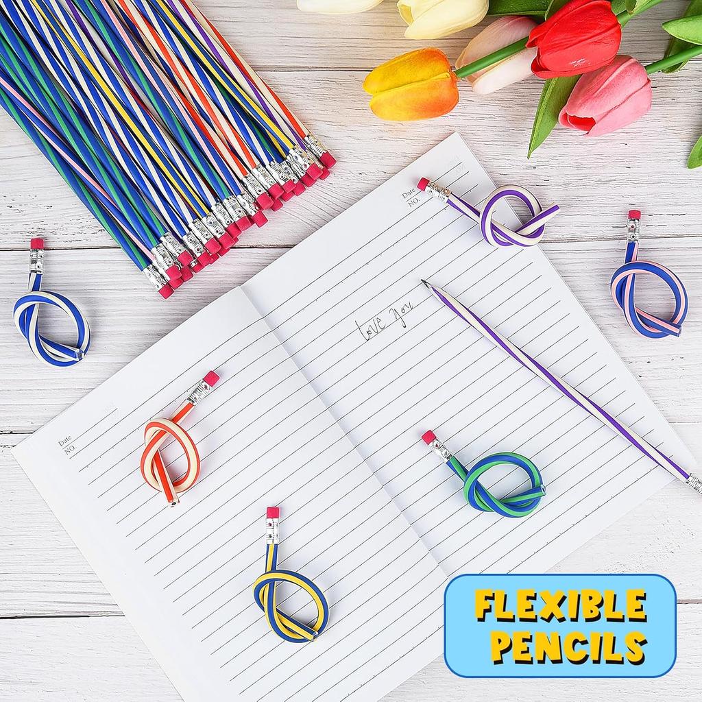 24 Pieces Soft Flexible Bendy Pencils with Erasers for School Stationary Equipment for Birthday Party Favours Fillers Back To School Funny Supplies