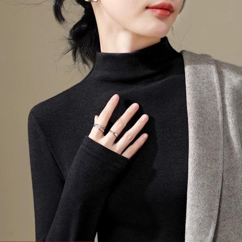 Women's Half High Neck Long Sleeve Slim Fit Top Solid Color Winter Warm T-Shirt