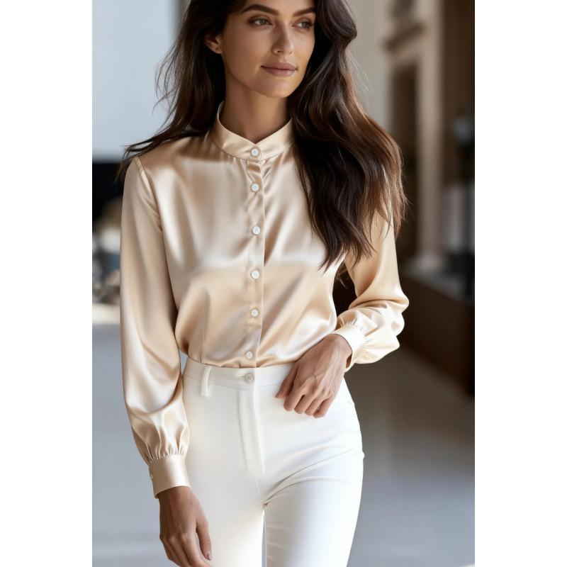 Spot 2025 Autumn Solid Color Temperament Stand Collar Button Long-sleeved Shirt Tops for Women