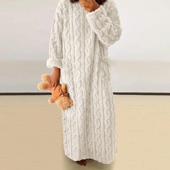 Women's Flannel Nightgown Fuzzy Plush Warm Crewneck Sleepwear Loose Winter Pullover Nightdress with Pockets