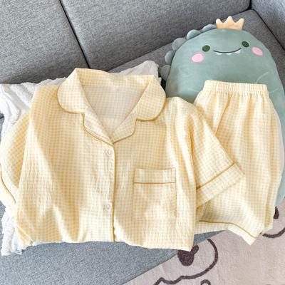 Pijama din Bumbac Moale cu Model Carouri pentru Femei, Set cu Pantaloni Scurți cu Mânecă Scurtă, Îmbrăcăminte de Casă, Poate fi Purtată Afară