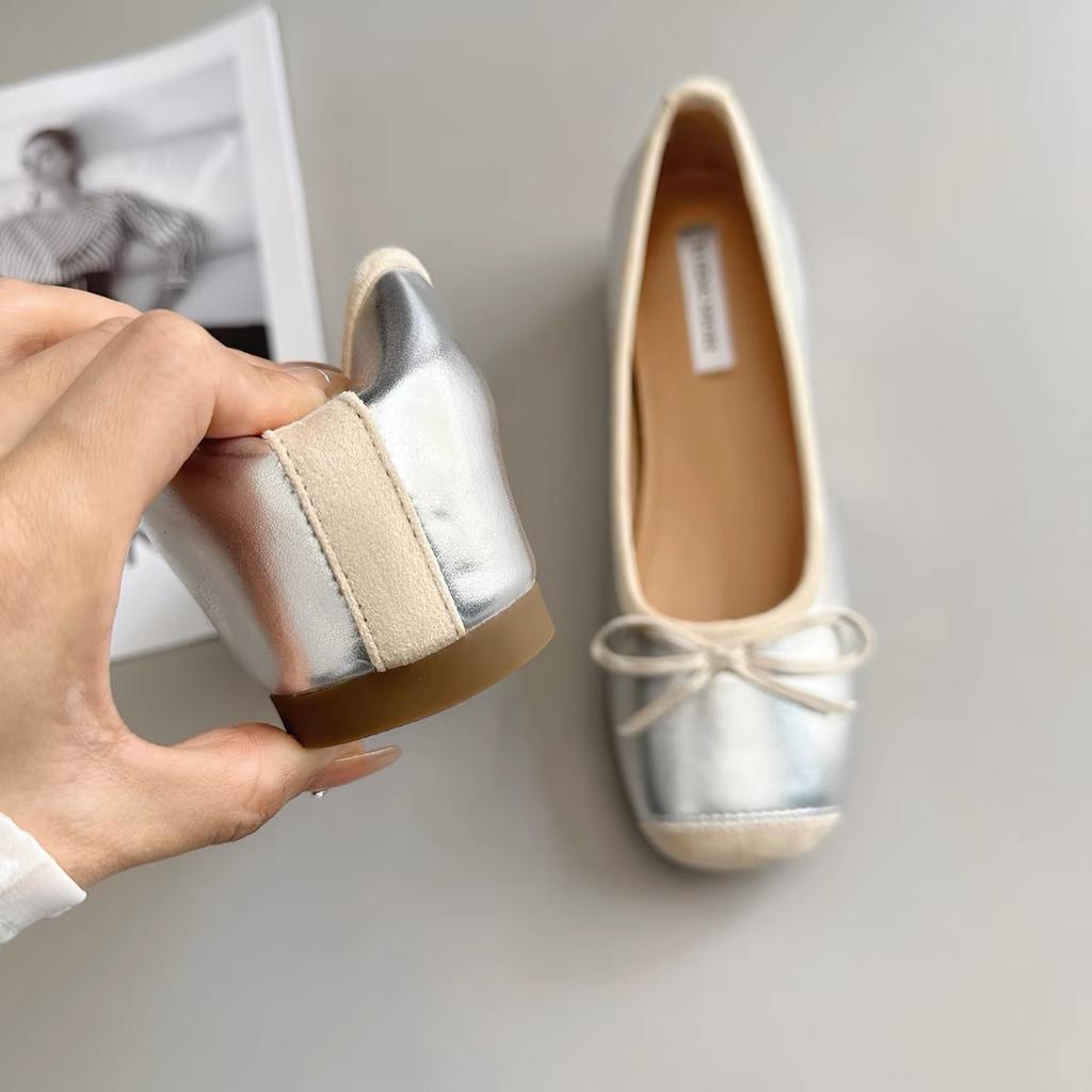 Inner Height Increase of 5 Cm~ Sweet Square Round Head Small Man Silver Light Mouth Bow Ballet Shoes Single Shoes