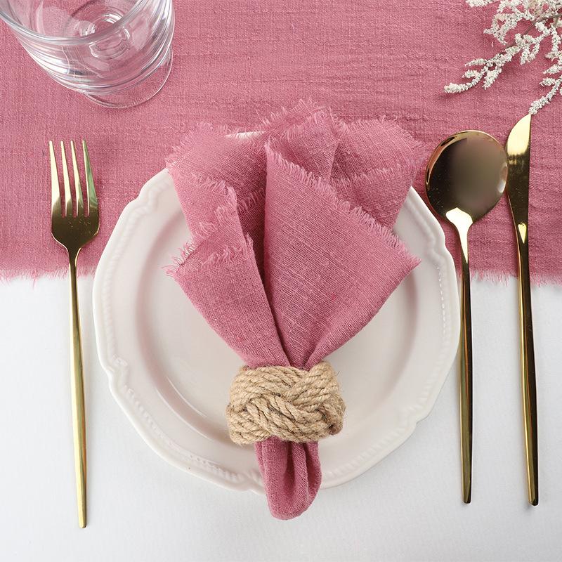 6pcs 32x32cm 100% Cotton Soft Beige Gauze C Wedding Napkins Reusable Blue Trim Tea Towel Rustic Retro Burrs Napkins For Dinner,Party,Weddings