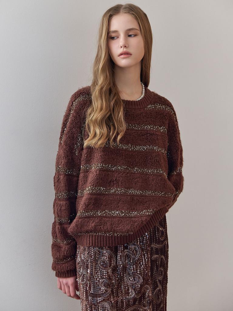 MAXZA Sequin Stripe Loose Fit Boucle Knit