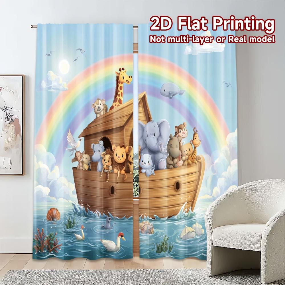 Set Of 2 Modern Flat Printing Curtains Without Rod Rainbow Ark Minimalist Fabric Outdoor Decorations Curtain Made Polyester