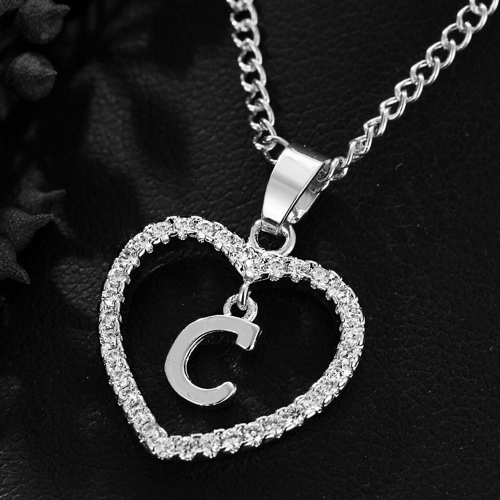 Heart Pendant Zircon Letter Necklace - 26 Letters Available