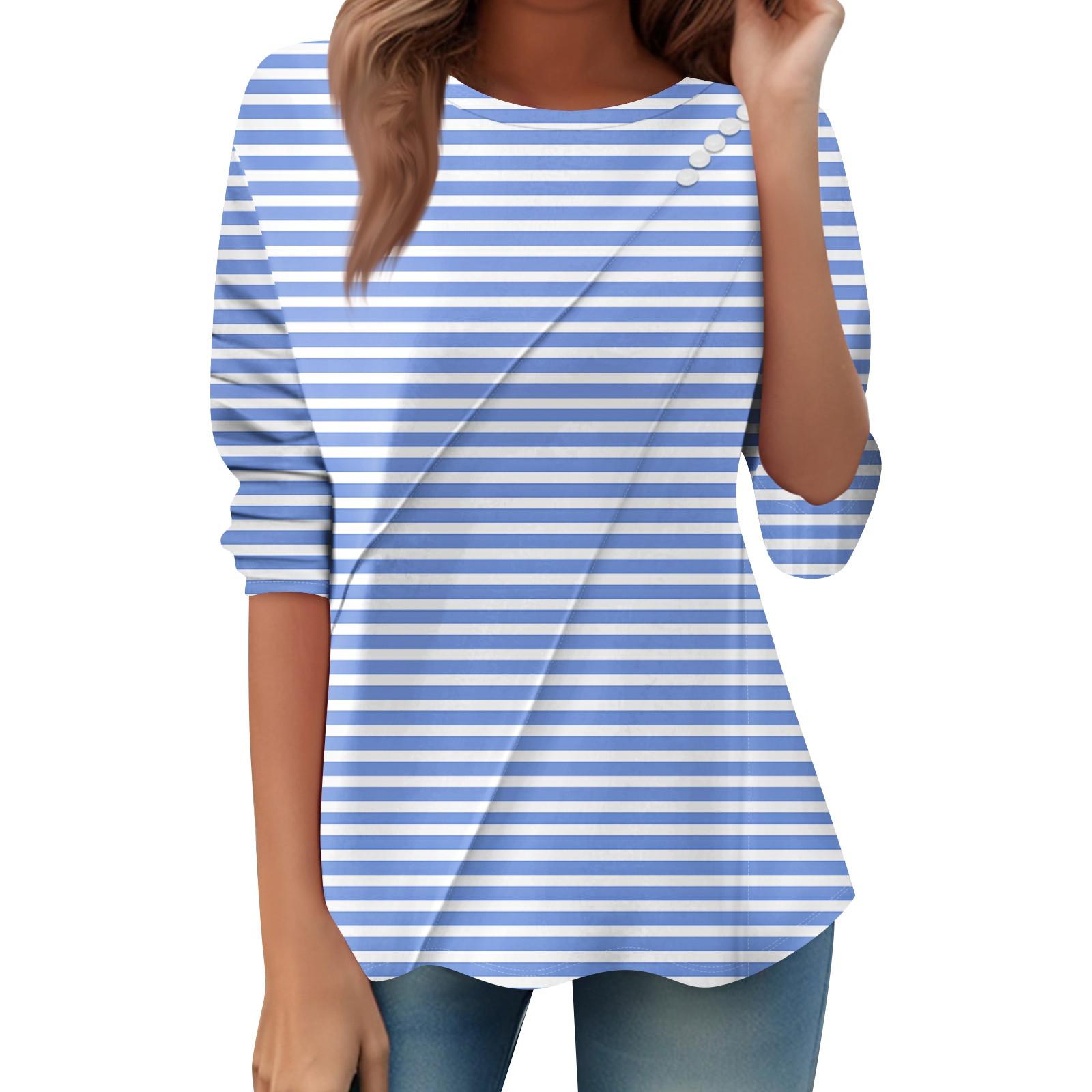 

Women s Loose Casual Long Sleeve Top Round Neck Button Pull Stripe Prints T Shirt XXL