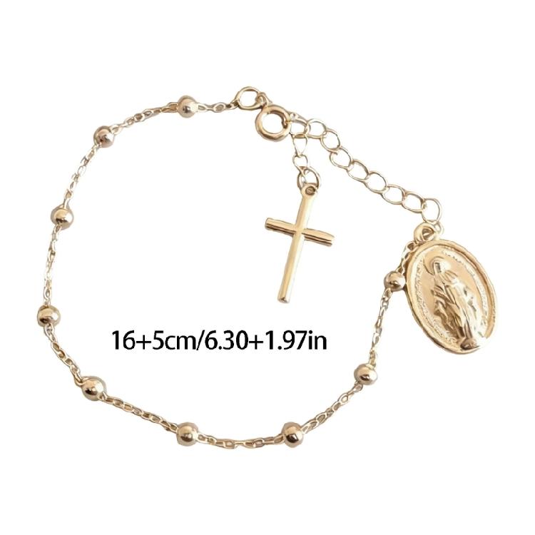 Bracciale Portatile con Croce e Perline della Vergine con Catena di Estensione da 5 cm
