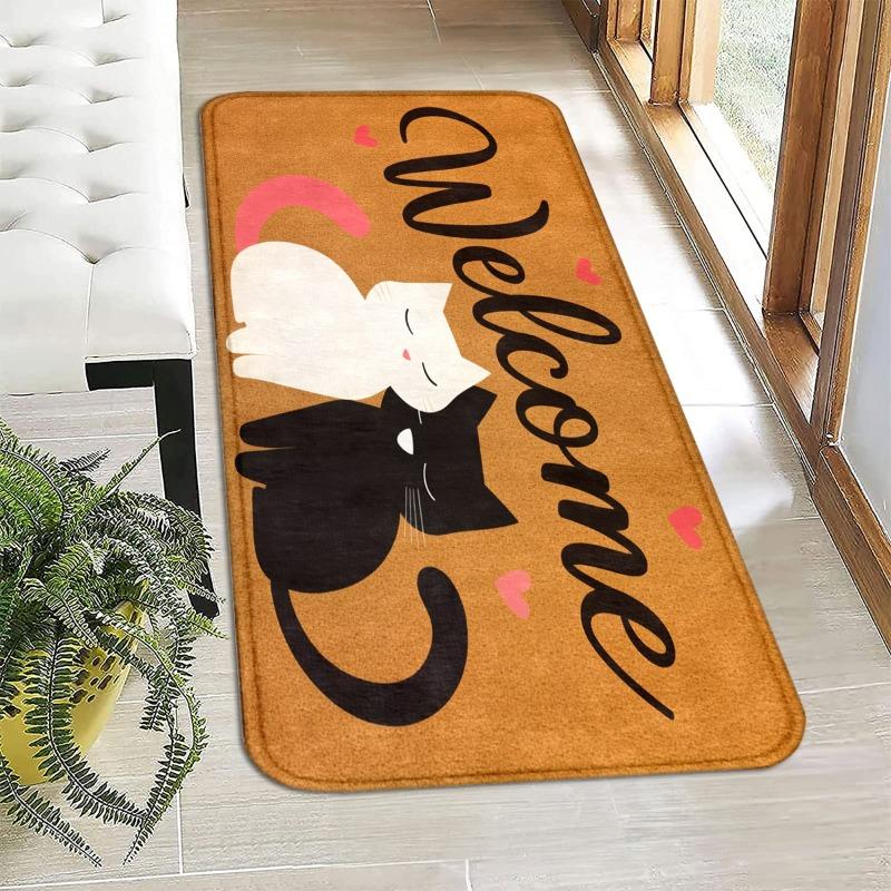 Flannel Black and White Cat Welcome Floor Mat, Non-slip Absorbent Foot Mat At The Entrance, Household Entrance Carpet