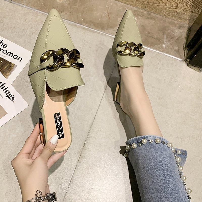 Fashion Female Shoes Shallow Low Mules for Women Square Heel Slippers Casual Pointed Toe Slides Rivet New Block Luxury Cover Soft