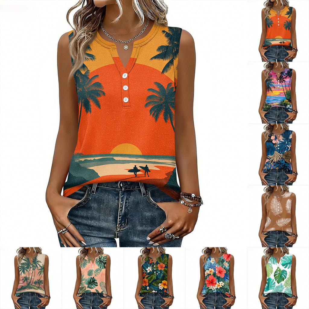 Women's Fashionable Casual Hawaiian Print Sleeveless Button Vest Top