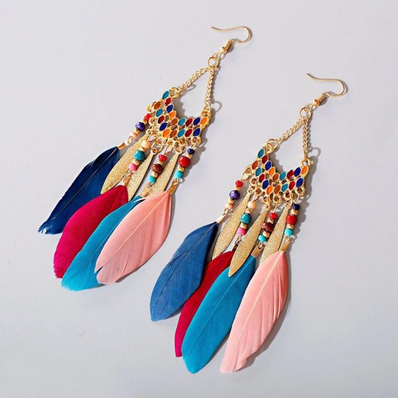 Bohemian Long Sun Flower Feather Earrings for Women Trendy Ethnic Retro Gold Color Chain Tassel Earring Wedding Vacation Jewelry