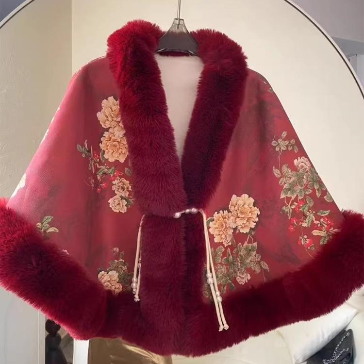 Small Cape Shawl Jacket Women'S Short Printed Velvet Thickened Rex Rabbit Hair Collar Sleeveless Cheongsam Wedding Dress