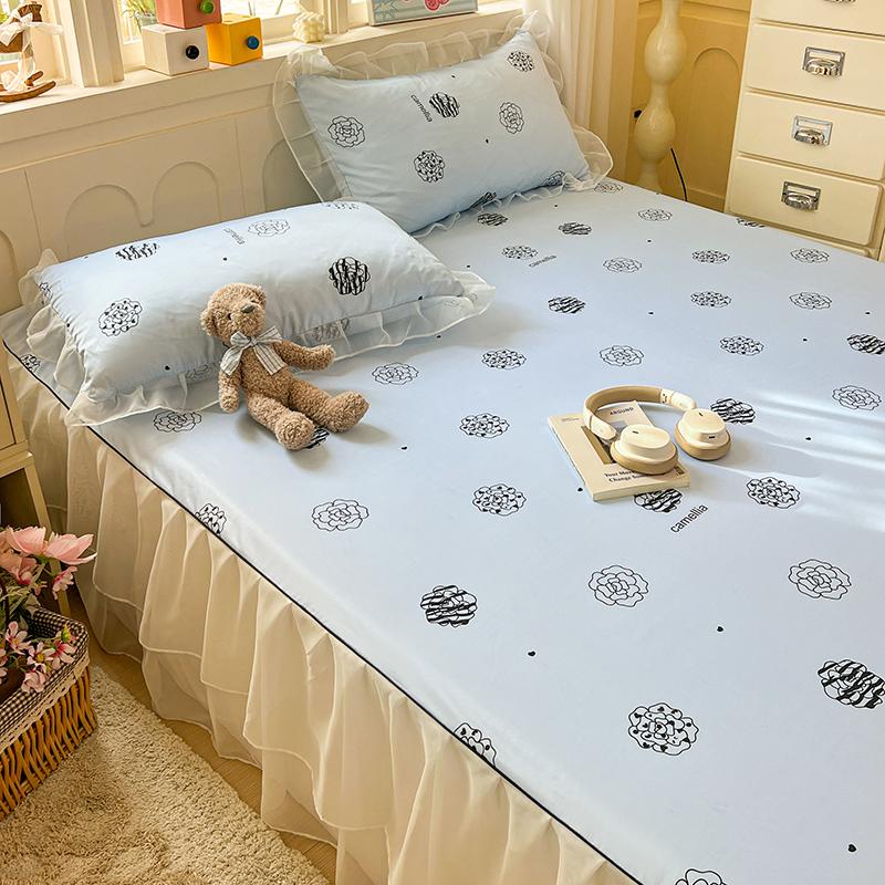 Sleep Grid Double Layered Chiffon Bed Skirt Ice Silk Air Conditioning Soft Seat 3-Piece Set